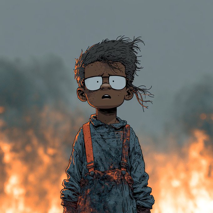 A wide-eyed child in glasses and soiled overalls stands frozen in front of towering orange flames, their stunned expression capturing the dread of what's to come in this dark illustrated scene.