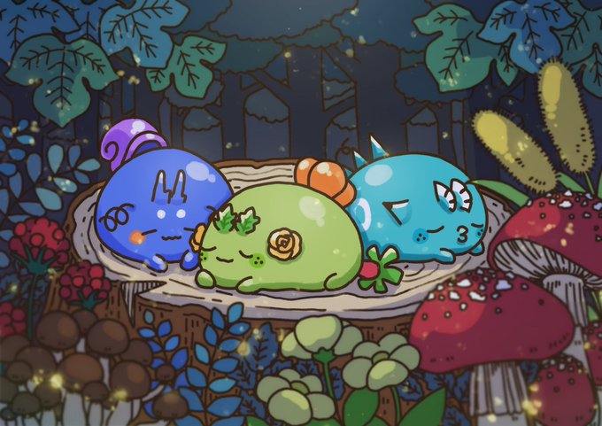 A whimsical digital illustration features three cute, round slug-like creatures (blue, green, and teal) sleeping peacefully on a tree stump in a magical forest surrounded by fireflies.