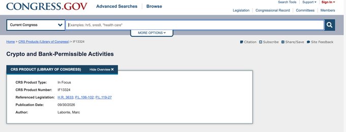 A screenshot of Congress.gov showing a CRS Product titled 'Crypto and Bank-Permissible Activities' (IF13324) authored by Marc Labonte, published 09/30/2026.