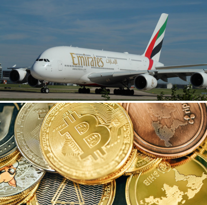 A split image showing an Emirates Airbus A380 aircraft on top and a pile of Bitcoin and other cryptocurrencies on the bottom.