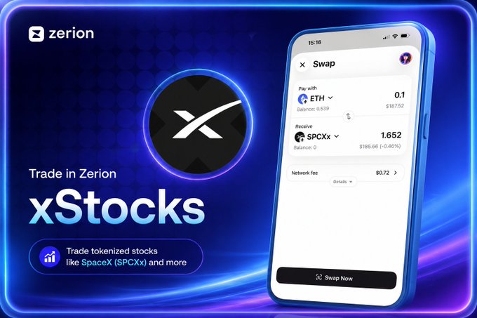 A promotional graphic for Zerion's xStocks feature displays a mobile app swap screen showing 0.1 ETH being exchanged for 1.652 SPCXx (SpaceX tokenized stocks) with a $0.72 network fee, alongside text reading "Trade in Zerion xStocks" and "Trade tokenized stocks like SpaceX (SPCXx) and more." The image directly illustrates the post's tutorial on how to fund a wallet with USDC and swap tokens to purchase SPCXx on the Zerion platform.