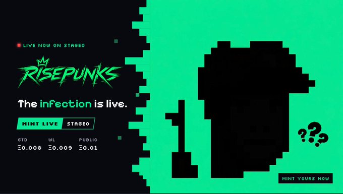 A pixel-art promotional graphic for 'RISEPUNKS' displays 'The infection is live' with 'MINT LIVE' and 'STAGED' buttons, pricing of 'GTD Σ0.008 WL Σ0.009 PUBLIC Σ0.01', and a 'MINT YOURS NOW' call-to-action next to a mysterious silhouetted character.