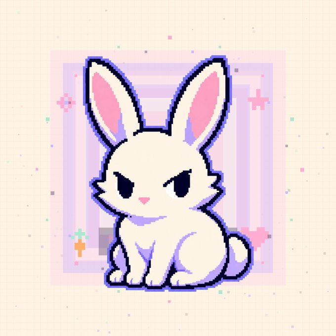 A pixel art illustration of a white bunny with pink ears and an angry expression, set against a pastel striped background with sparkles.