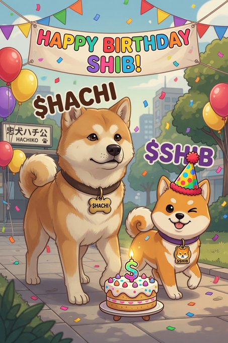 A cheerful cartoon illustration shows a Shiba Inu named "SHACHI" and a winking, party-hat-wearing Shiba pup named "$SHIB" beside a birthday cake, beneath a "HAPPY BIRTHDAY SHIB!" banner—celebrating the SHIB token's birthday in dog-friendly style.