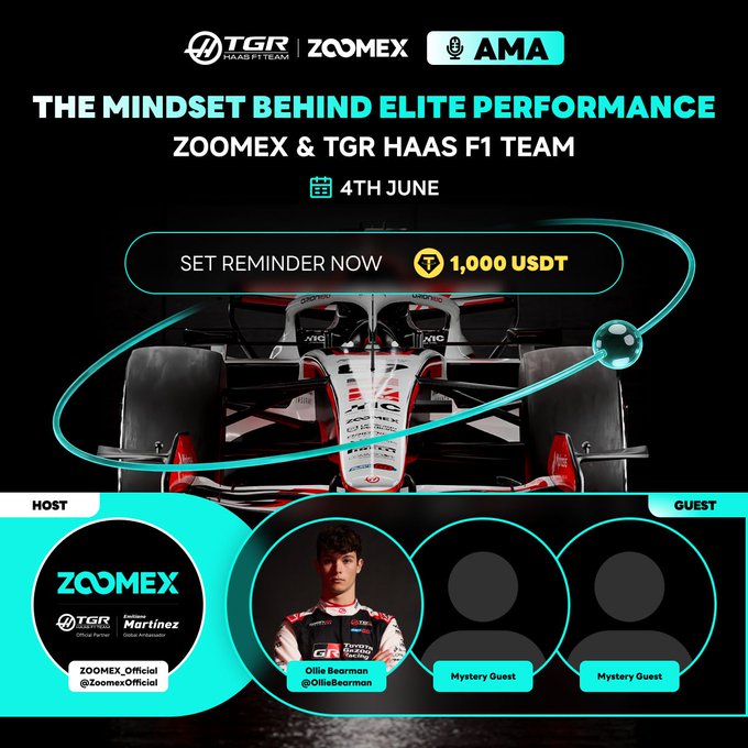 The image features an advertisement for a racing event featuring a car with a red and white design. The background of the image is black, making the car stand out prominently. There are three people visible in the image, one person sitting on the left side of the car and two others standing behind it - one person on the right side and another person slightly to the left.

The text in the image includes a description of the event: "The Mindset Behind Elite Performance. Zoomex & TGR Has F1 Team". The post also mentions that there is a giveaway for 100,000 US dollars. Additionally, it highlights two mystery guests from the trading world who are participating in this event.