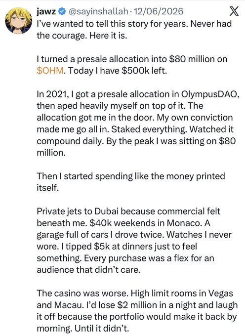 A screenshot of an X (Twitter) post by user 'jawz' (@sayinshallah) dated 12/06/2026, telling a cautionary story about turning a presale allocation in OlympusDAO/$OHM into $80 million and losing it all through lavish spending, ending with $500k left.