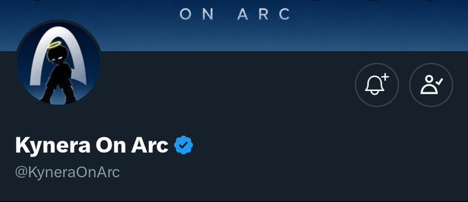 The image shows an X (Twitter) profile banner for "Kynera On Arc" (@KyneraOnArc), featuring a dark-themed avatar of a silhouetted character with a halo against a moon. The "ON ARC" text at the top and the context of the post suggest the user is announcing their acquisition or staking of a token on the Arc network, capitalizing on community bullish sentiment around Arc-based projects.