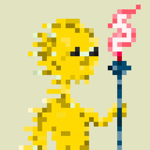 A pixel art illustration of a yellow character with sunglasses holding a spear-like staff, matching the post's theme of collector enthusiasm in the Argonauts/zkArgos community.