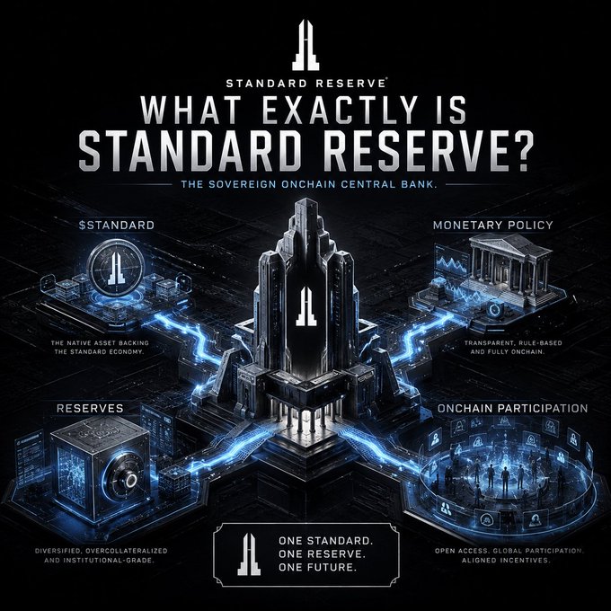 A promotional graphic for 'STANDARD RESERVE' titled 'WHAT EXACTLY IS STANDARD RESERVE? THE SOVEREIGN ONCHAIN CENTRAL BANK', featuring a futuristic dark blue and black architectural design with sections for $STANDARD, Monetary Policy, Reserves, and Onchain Participation.