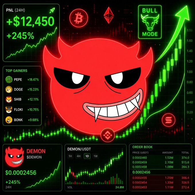 A crypto trading dashboard featuring a large red devil face emoji, a 'BULL MODE' indicator, and a 'BULL' logo, showing a 24H PNL of '+$12,450 (+245%)' and a 'TOP GAINERS' list including PEPE, DOGE, SHIB, FLOKI, and BONK, alongside a chart for the token '$DEMON' priced at '$0.0002456'.