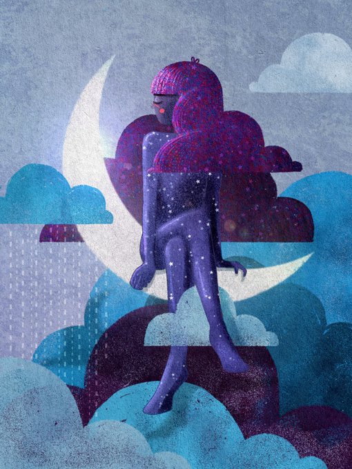 A stylized illustration of a figure with flowing magenta hair sitting on a crescent moon amid blue and purple clouds, evoking the "Midnight" theme of the artist's newly minted NFT piece. The dreamy cosmic scene visually captures the nocturnal, whimsical mood referenced in the "Gm" morning greeting accompanying the drop.