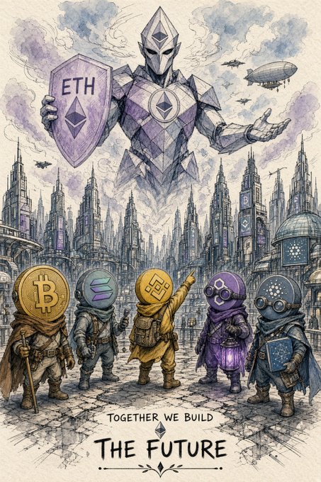 An illustration showing a large armored Ethereum (ETH) knight holding a shield, towering over a futuristic cityscape, while smaller figures wearing Bitcoin, Solana, Binance, Polkadot, and Cardano helmets stand below with the text 'TOGETHER WE BUILD THE FUTURE'.