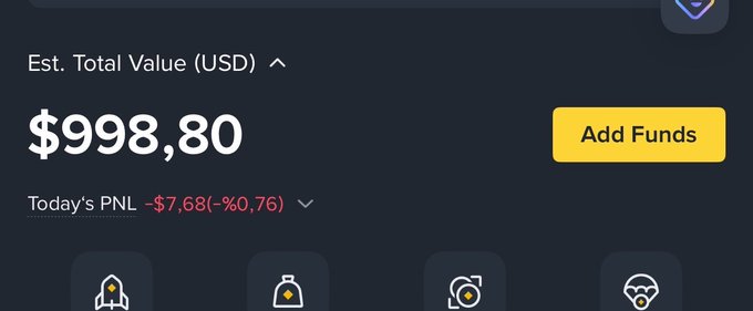 A crypto portfolio dashboard shows an estimated total value of $998.80 in USD, with today's PNL at -$7.68 (-0.76%), as the user laments their portfolio falling below the $1,000 threshold.