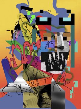 An abstract digital collage featuring pixelated character elements layered over colorful geometric shapes and scribbled lines.