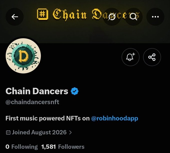 A Twitter/X profile page for 'Chain Dancers' (@chaindancersnft) with the bio 'First music powered NFTs on @robinhoodapp', joined August 2026.