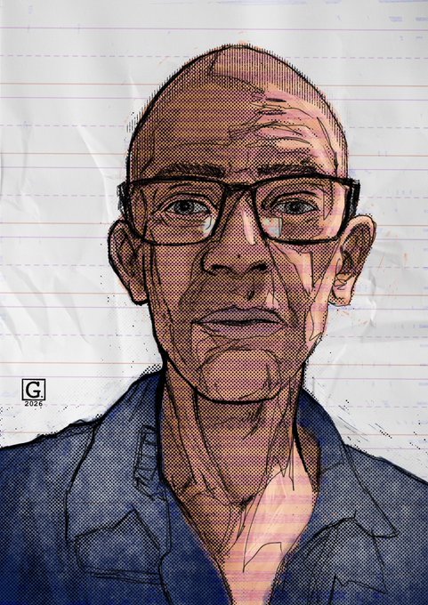 An illustration of a bald older man with glasses, drawn in a comic book style on lined notebook paper, signed with a "G 2026" mark.