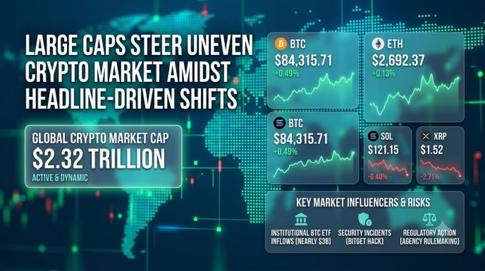A crypto market infographic titled 'LARGE CAPS STEER UNEVEN CRYPTO MARKET AMIDST HEADLINE-DRIVEN SHIFTS' showing a global market cap of $2.32 TRILLION, with BTC at $84,315.71 (-0.49%), ETH at $2,692.37 (-0.13%), SOL at $121.15 (-0.40%), and XRP at $1.52 (-2.71%), referencing institutional BTC ETF inflows, Bitget hack security incidents, and regulatory action.