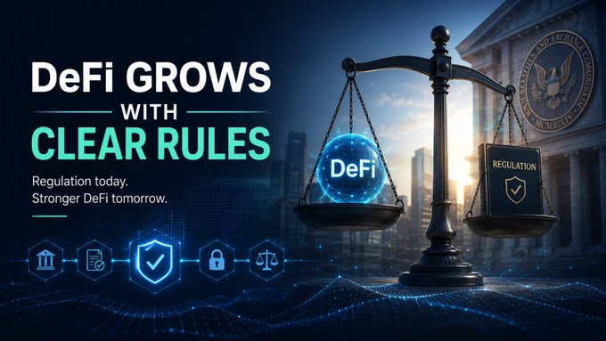 A promotional banner reading 'DeFi GROWS with CLEAR RULES' and 'Regulation today. Stronger DeFi tomorrow,' featuring a balance scale weighing DeFi against Regulation in front of a U.S. government building.