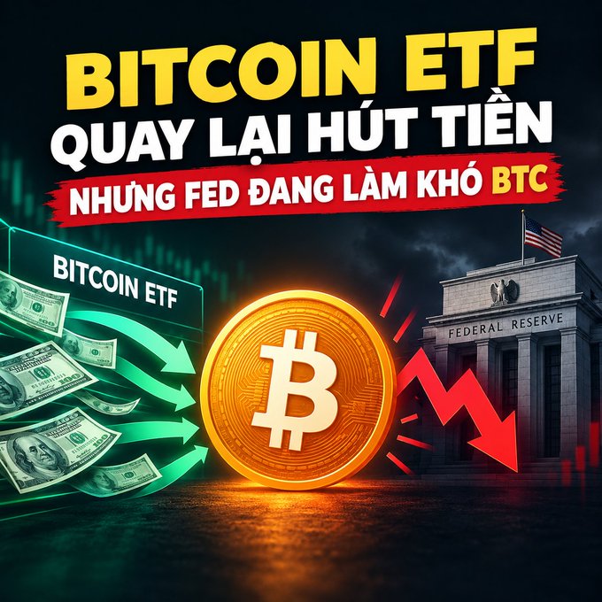 A financial graphic with Vietnamese text 'BITCOIN ETF QUAY LẠI HÚT TIỀN NHƯNG FED ĐANG LÀM KHÓ BTC', featuring a large Bitcoin coin, dollar bills flowing into a 'BITCOIN ETF' sign, and a downward red arrow pointing away from the Federal Reserve building.