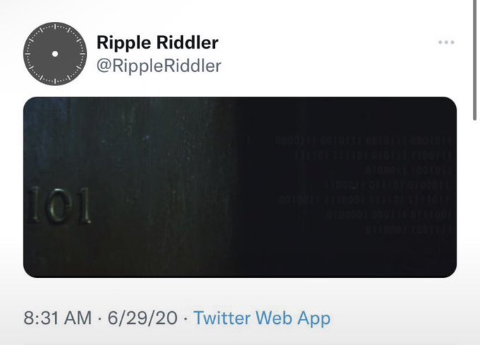 A tweet from "Ripple Riddler" (@RippleRiddler) posted at 8:31 AM on 6/29/20 features a dark, cinematic image displaying "101" alongside rows of binary code, visually representing the claim that XRP was mentioned 101 times in a BIS report. The minimalist, code-themed graphic reinforces the riddle-style confirmation of the statistic noted in the caption.