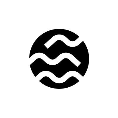 A black circular logo featuring white wavy lines that resemble stylized water or wind patterns.