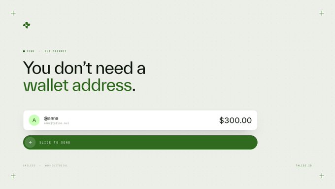 A minimalist green-themed interface for sending cryptocurrency, displaying the headline "You don't need a wallet address," a send amount of $300.00 to user @anna, and a "SLIDE TO SEND" button.