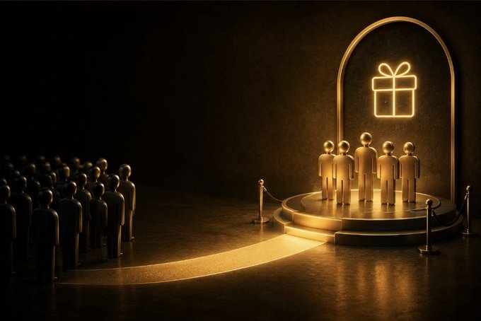 A conceptual 3D render showing golden figures standing on an illuminated platform with a glowing gift box icon in an archway, while a crowd of darker figures waits in line behind velvet ropes.