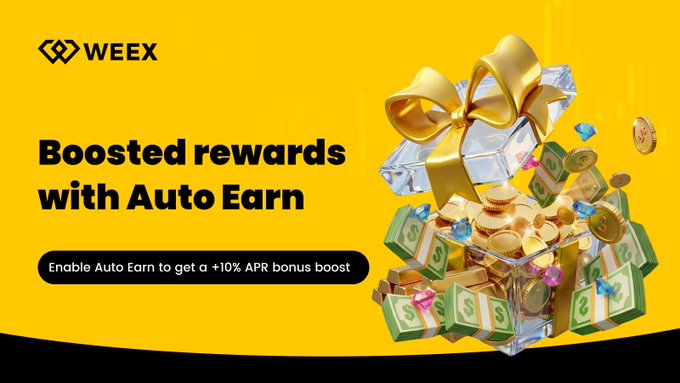 The WEEX promotional graphic features the text "Boosted rewards with Auto Earn" and "Enable Auto Earn to get a +10% APR bonus boost" alongside an image of an open gift box filled with gold coins, cash, and diamonds, visually reinforcing the offer of a 10% APR boost for enabling Auto Earn during the August 2026 promotion period.