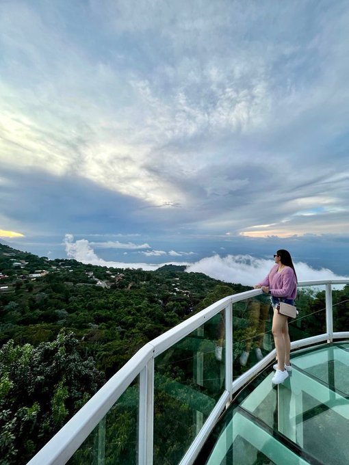 The image shows a woman standing on a glass bridge overlooking a beautiful landscape of mountains and clouds. She appears to be enjoying her time at this scenic location. The caption above the image reads "good Evening CT The more I observe Wallchain, the more I realize that attention isn't something you demand it's something you earn in many ecosystems". This message seems to be related to the woman's experience on the glass bridge and emphasizes the importance of appreciating and enjoying moments like this one.