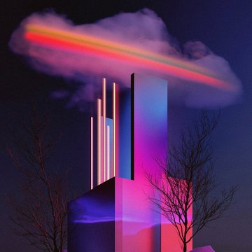 A vibrant digital artwork showing a tall, illuminated building with glowing neon pink and blue vertical accents, set against a dark sky with a colorful rainbow cloud above.