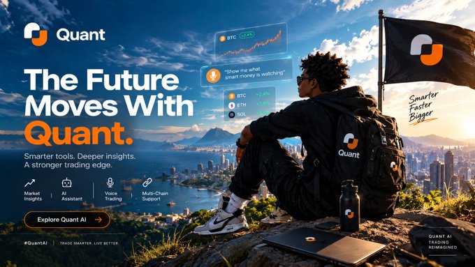 A promotional banner for 'Quant' stating 'The Future Moves With Quant', featuring a person overlooking a city with features like Market Insights, AI Assistant, Voice Trading, and Multi-Chain Support, and ticker BTC price.