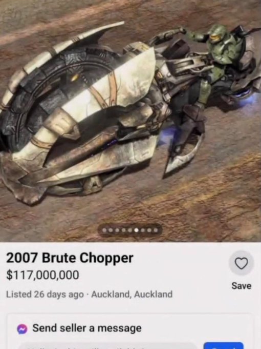 A marketplace listing screenshot showing a Brute Chopper motorcycle from Halo priced at $117,000,000, listed 26 days ago in Auckland.
