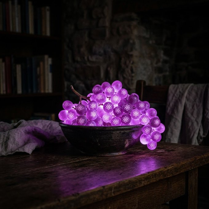A decorative bowl of glowing purple grapes with atom symbols on them, sitting on a rustic wooden table in a dimly lit room.