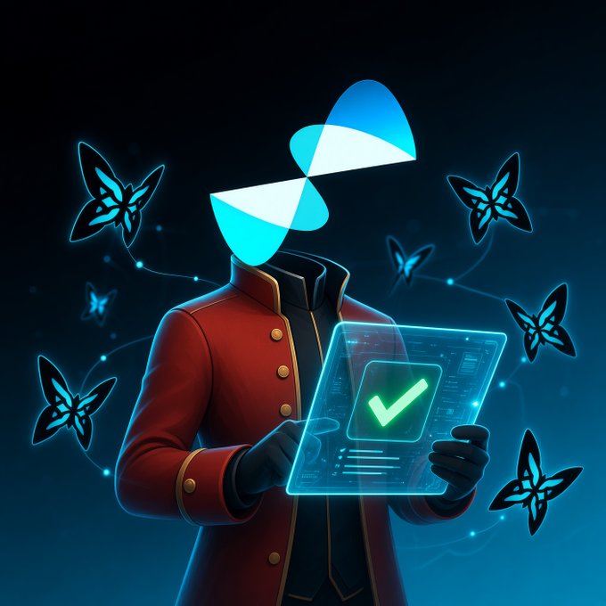 A faceless figure in a red coat with a butterfly-shaped head holds a glowing tablet displaying a green checkmark, symbolizing a successful testnet job submission and validation on QuipNetwork. The surrounding butterflies represent the network's distributed capacity and smooth data flow, mirroring the steady, clean results reported.