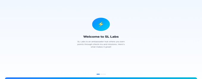 A clean webpage screenshot titled 'Welcome to SL Labs' featuring a blue lightning bolt icon and text describing it as an 'ambassador hub'.