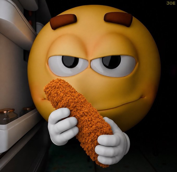 A 3D-rendered yellow emoji with a skeptical expression holds a piece of fried chicken, looking out from inside a dimly lit refrigerator. The watermark "JOE" is visible in the top right.