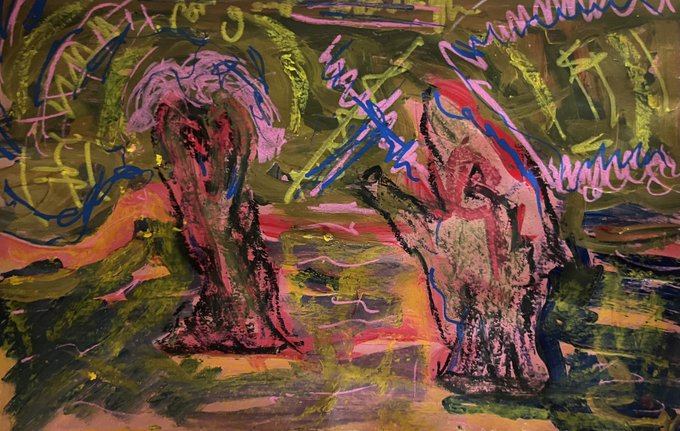 An expressive, abstract painting with bold brushstrokes in pink, green, yellow, and blue, depicting what appears to be two figures or forms in a chaotic, energetic landscape.