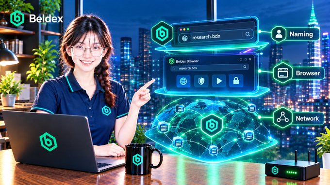 A promotional image for Beldex featuring a woman with glasses sitting at a desk with a laptop, alongside graphics illustrating Beldex Browser, and icons for Naming, Browser, and Network features.
