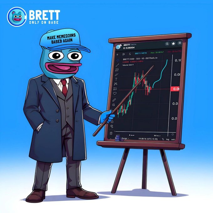 An illustrated cartoon character wearing a blue cap that reads "MAKE MEMECOINS BASED AGAIN" stands next to a chalkboard displaying a candlestick chart for the BRETT/USDT trading pair on DEXtools.io.