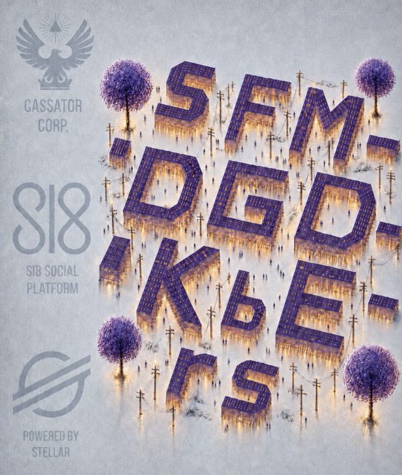 A stylized poster with purple/lavender trees and small human figures forming the words "STAKE-LESS" in large block letters, with the "Cassator Corp." eagle logo and "S18 S18 Social Platform" text on the left, plus "Powered by Stellar" branding at the bottom—visually reinforcing the post's message that SL8 reimagines staking as part of a broader social ecosystem rather than a standalone financial product.