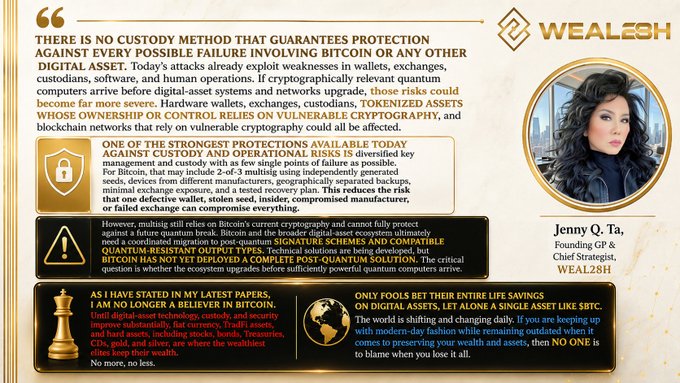 A graphic from WEAL$h featuring Jenny Q. Ta, Chief Strategist, outlining warnings about quantum computing threats to Bitcoin, the lack of custody methods to protect against failures, and the need for diversified key management for digital assets like Bitcoin, with references to crypto vulnerabilities and global asset protection.