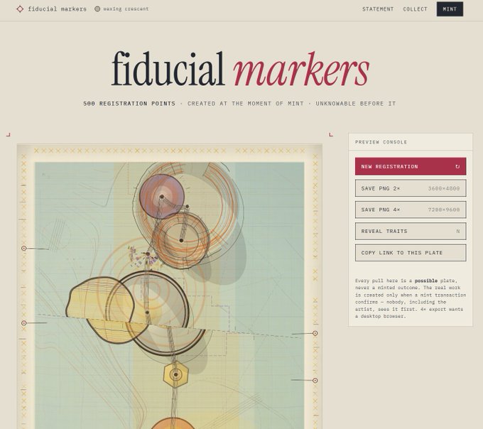 A webpage or application interface titled 'fiducial markers' with the tagline '500 REGISTRATION POINTS · CREATED AT THE MOMENT OF MINT · UNKNOWABLE BEFORE IT.' It features an abstract technical drawing and a preview console with options to save PNGs and reveal traits.