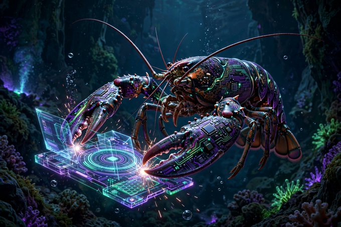 A cybernetic lobster with circuit-board shell plating interacts with a glowing holographic interface in a dark underwater coral reef.