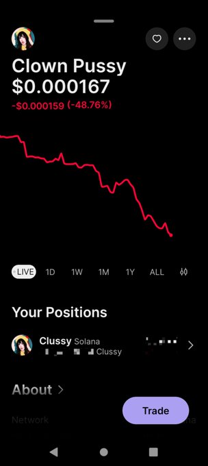 The image shows a trading app displaying a token called "Clown Pussy" priced at $0.000167, down 48.76% (-$0.000159), with a sharply declining red chart. The accompanying post warns followers about shilling vaporware coins that can drop 50% in an hour, with this token's massive decline perfectly illustrating that risk.