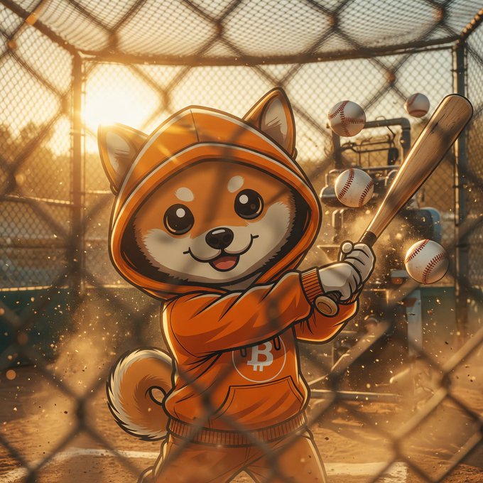 An adorable cartoon Shiba Inu dog dressed in an orange hoodie featuring a Bitcoin logo, swinging a baseball bat at incoming baseballs in a batting cage with sunbeams streaming through the chain-link fence.