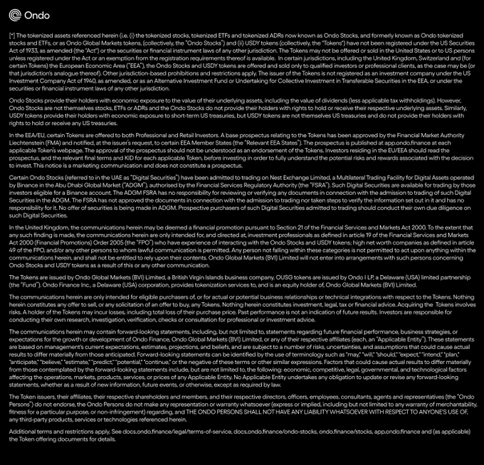 A lengthy legal disclaimer text regarding Ondo tokenized stocks, ETFs, and ADRs, listing jurisdictional restrictions and risk warnings.