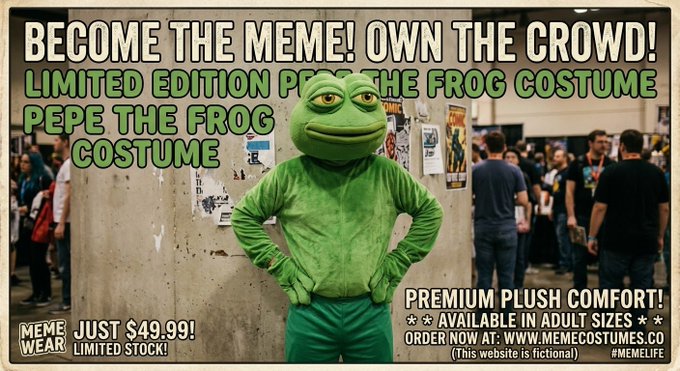 An advertisement image features a person in a green Pepe the Frog costume with text reading 'BECOME THE MEME! OWN THE CROWD! LIMITED EDITION PEPE THE FROG COSTUME', 'JUST $49.99! LIMITED STOCK!', and 'ORDER NOW AT: WWW.MEMECOSTUMES.CO'.