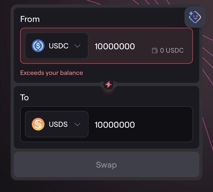 The image shows a screen with two sections: one displaying information about swapping USDC for USDS, and another explaining how to swap 1/4 of a Bitcoin into USDC. The two parts are connected by a white line, indicating that they are interrelated in some way or referred to within the post's content.