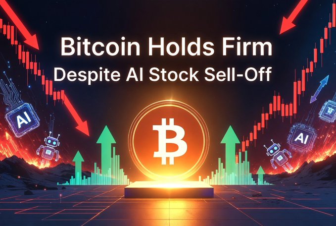 A graphic illustration titled 'Bitcoin Holds Firm Despite AI Stock Sell-Off' featuring a glowing Bitcoin symbol on a pedestal surrounded by red downward arrows, green upward arrows, AI-themed robots, and stock chart elements.