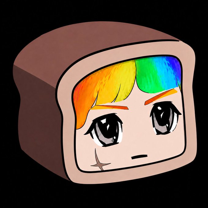 ikebana style cartoon character with rainbow hair, brown eyes, and a sad expression, wearing a brown square headpiece against a black background.
